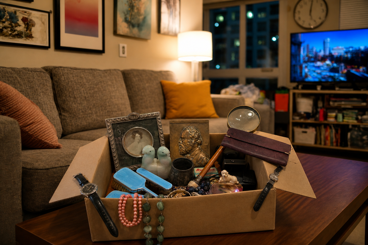 A box full of antiques, jewellery, watches and collectables ready to be sold